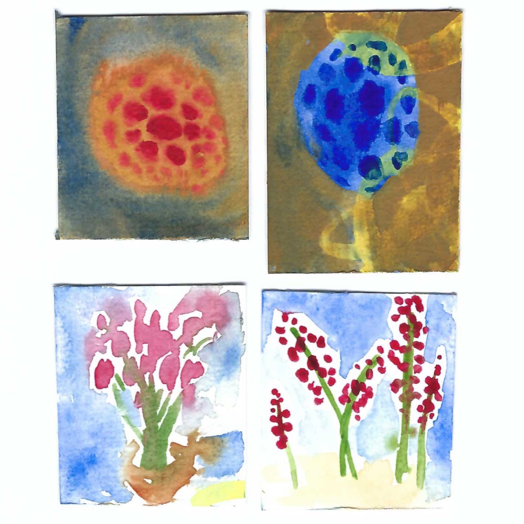 Four mini paintings.
One of my daughters asked me for these for a school project. She is putting them in a Mason jar as memories...