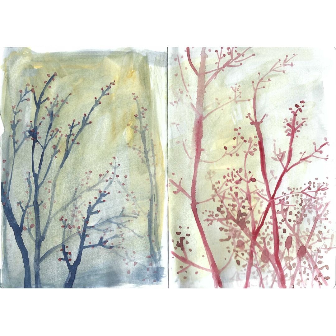 Haphazard diptych
Just two trees on a Sunday
Red buds become leaves

#haiku #haikupainting #sketchbook #landscapepainting #laurentides