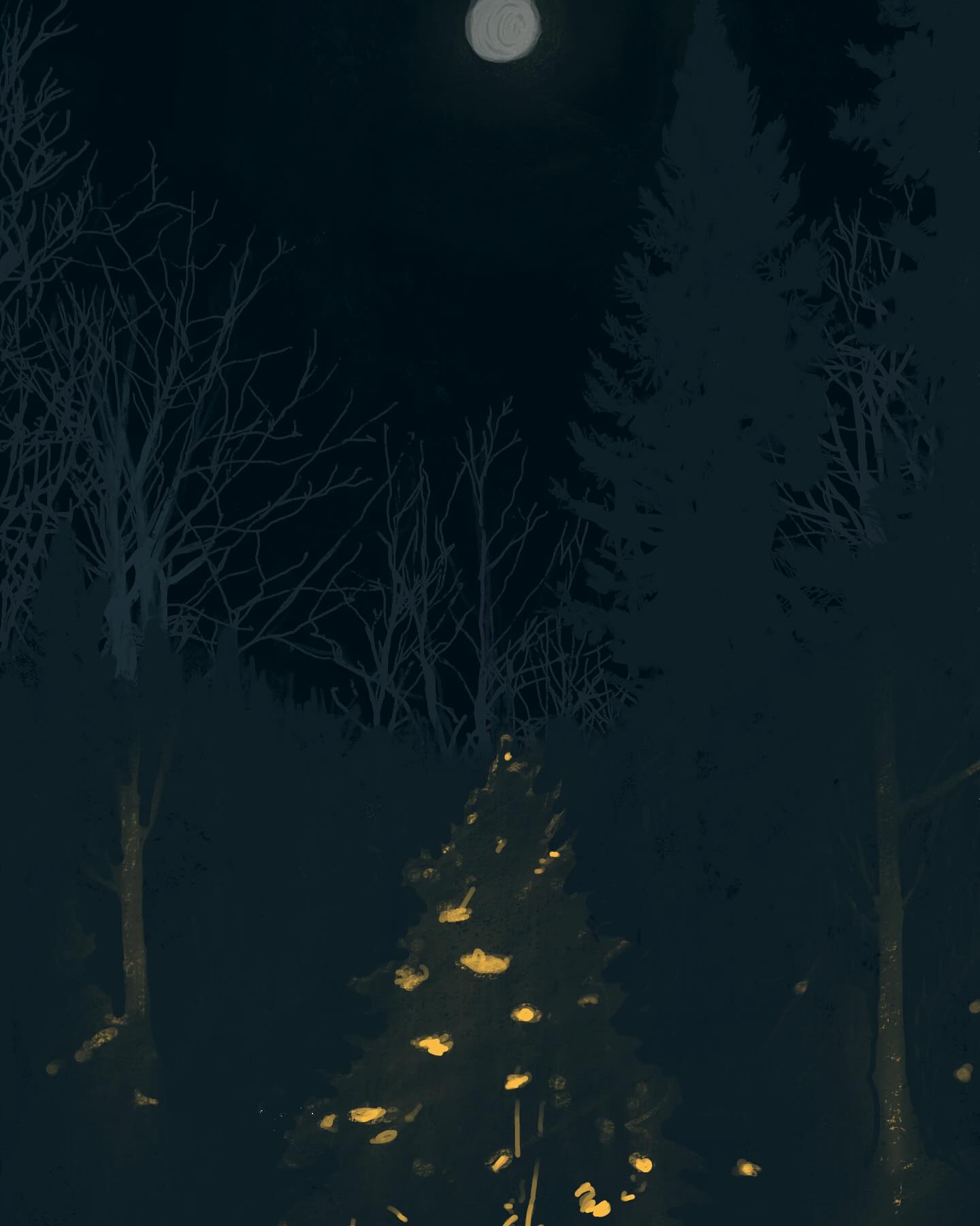 Out of the corner of my eye at midnight the porch lights light up the forest like Christmas trees. 

#canadianlandscapepainting #digitalpainting #digitalexperiments #laurentidesquÃ©bec #artquebec